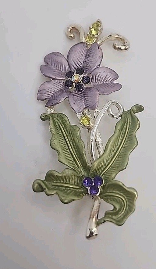 Vintage Nature’s Calling Silver Tone Lavender & Green Enamel Flower Brooch 2.5