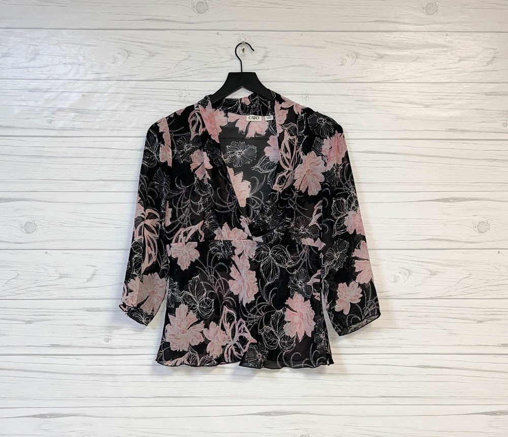 Cato top womens size medium long sleeve blouse black floral patterned