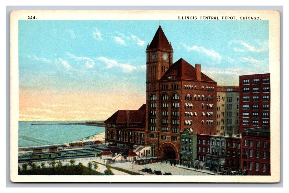 Chicago IL Illinois Central Depot Railroad Station #244 White Border Postcard