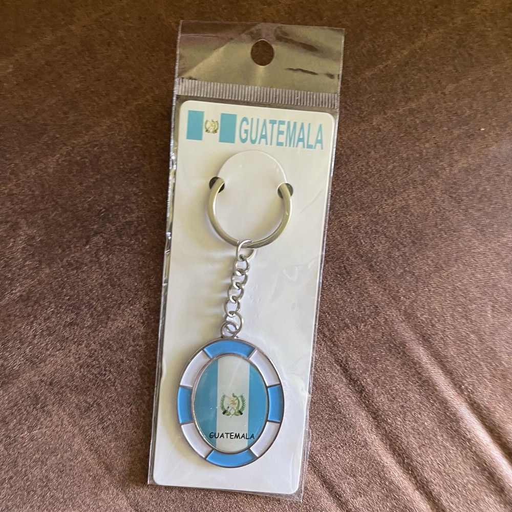 Guatemala Flag Metal Keychain Detachable Keyring Blue White Silver Oval Charm