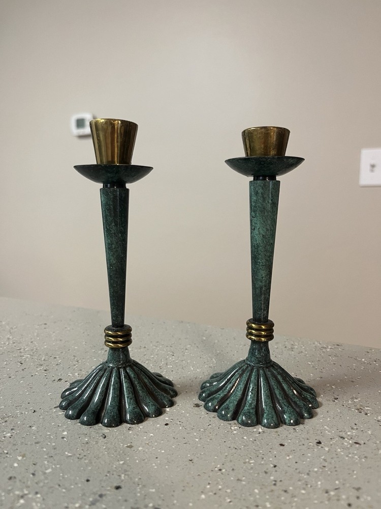 Hakuli Candlesticks Brass & Green Enamel, Made in Israel Shabbat