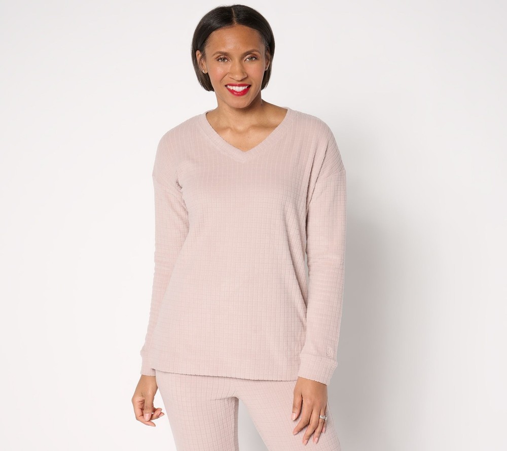 Cuddl Duds Women's Top Sz XL Grid Fleece V-Neck Pullover Pink A667659