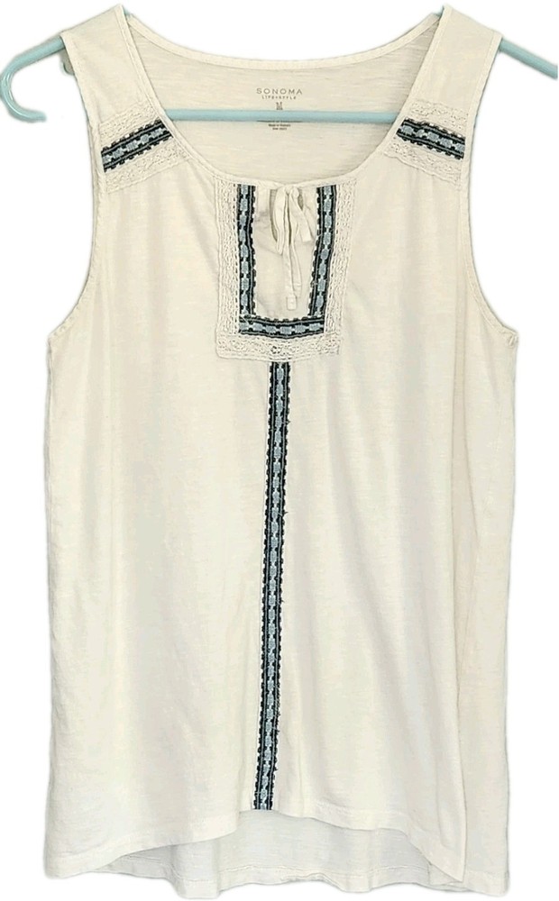 Sonoma White Blue Embroidered Trim Tank Top Womens Medium Lightweight Boho