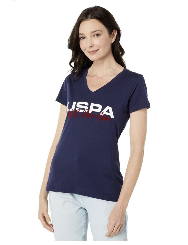 U.S. Polo Assn. Women L Navy Blue Short Sleeve V-neck Tee Shirt Red/White Letter