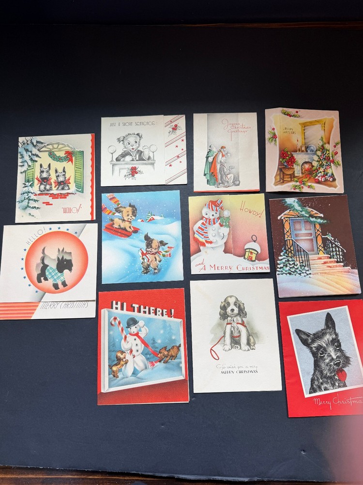 Vintage Mid Century Christmas Cards Lot Cute Scottie Dogs Puppies Snowman
