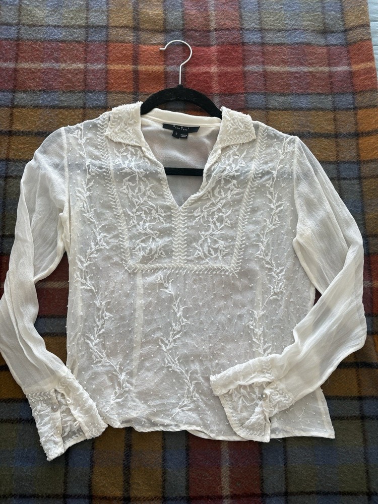Woman’s White Small Silk Beaded Long Sleeve Top Blouse