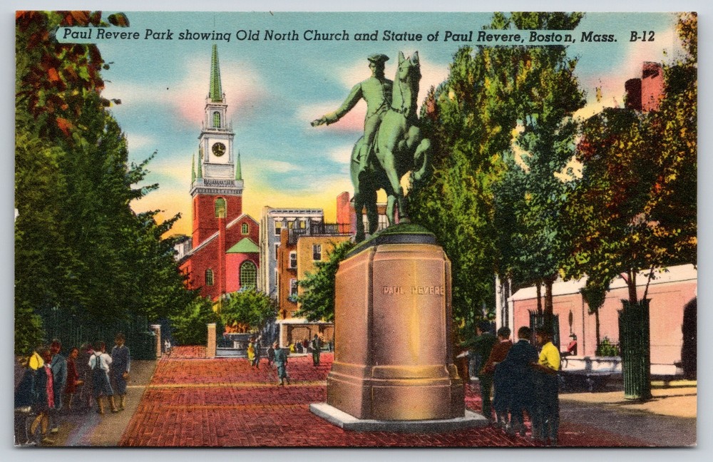 Boston MA~Paul Revere Statue In Park~Old North Church Bkgd~Vtg Linen Postcard