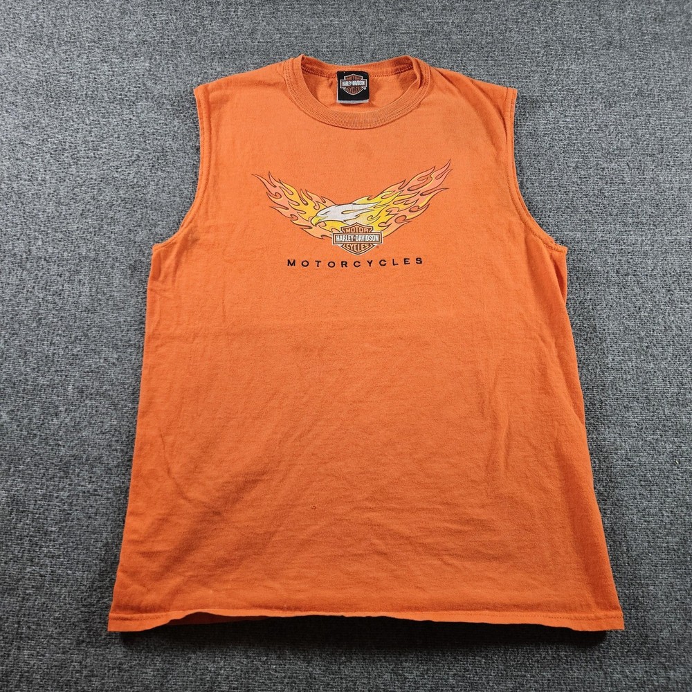 Harley-Davidson Shirt Mens Medium Orange Sleeveless Flame Eagle Biker Muscle