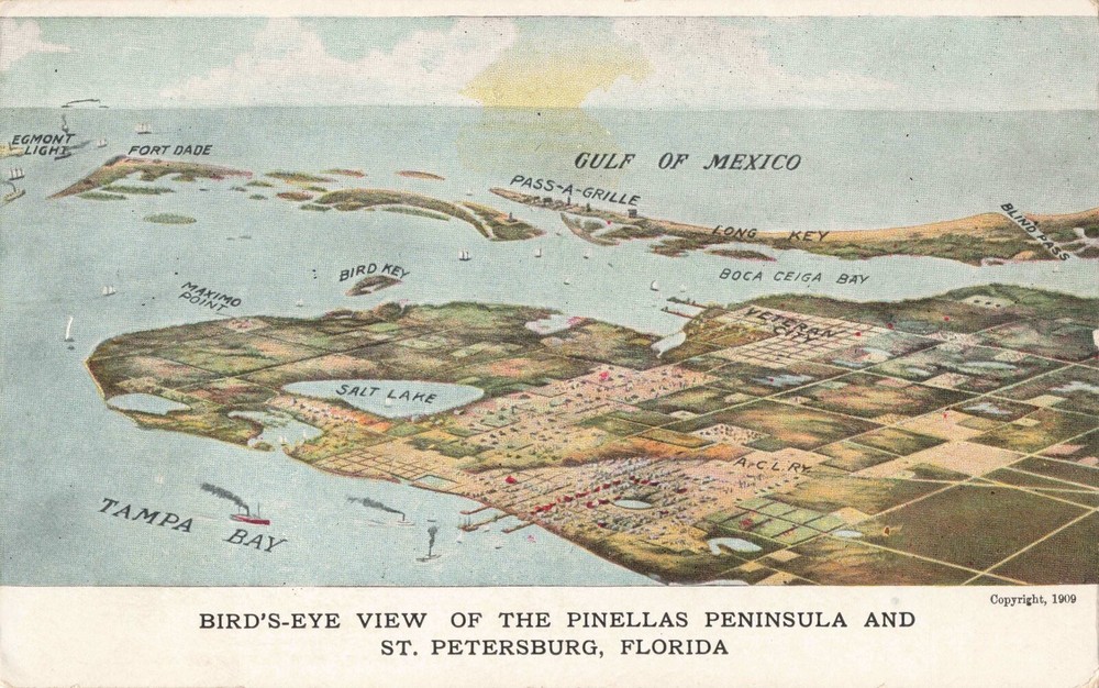 Birdseye View Pinellas Peninsula St. Petersburg Florida FL c1910 Postcard