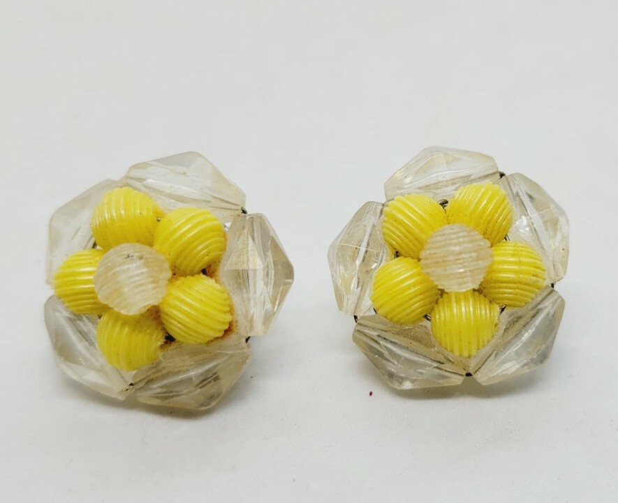 Yellow Flower Earrings Cluster Clip on  Vintage West Germany