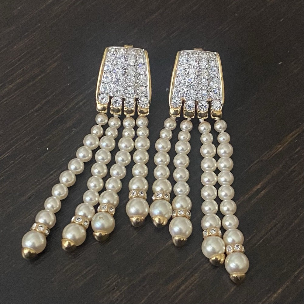 Vintage SWAROVSKI Crystal & Faux-Pearl Clip-On Dangle Earrings Approx 2.5”L