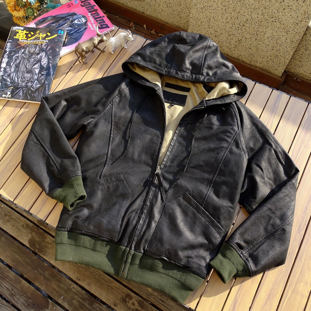 Men's Loose Casual Zipper Japanese Hooded Sweatshirt Real Leather Jackets