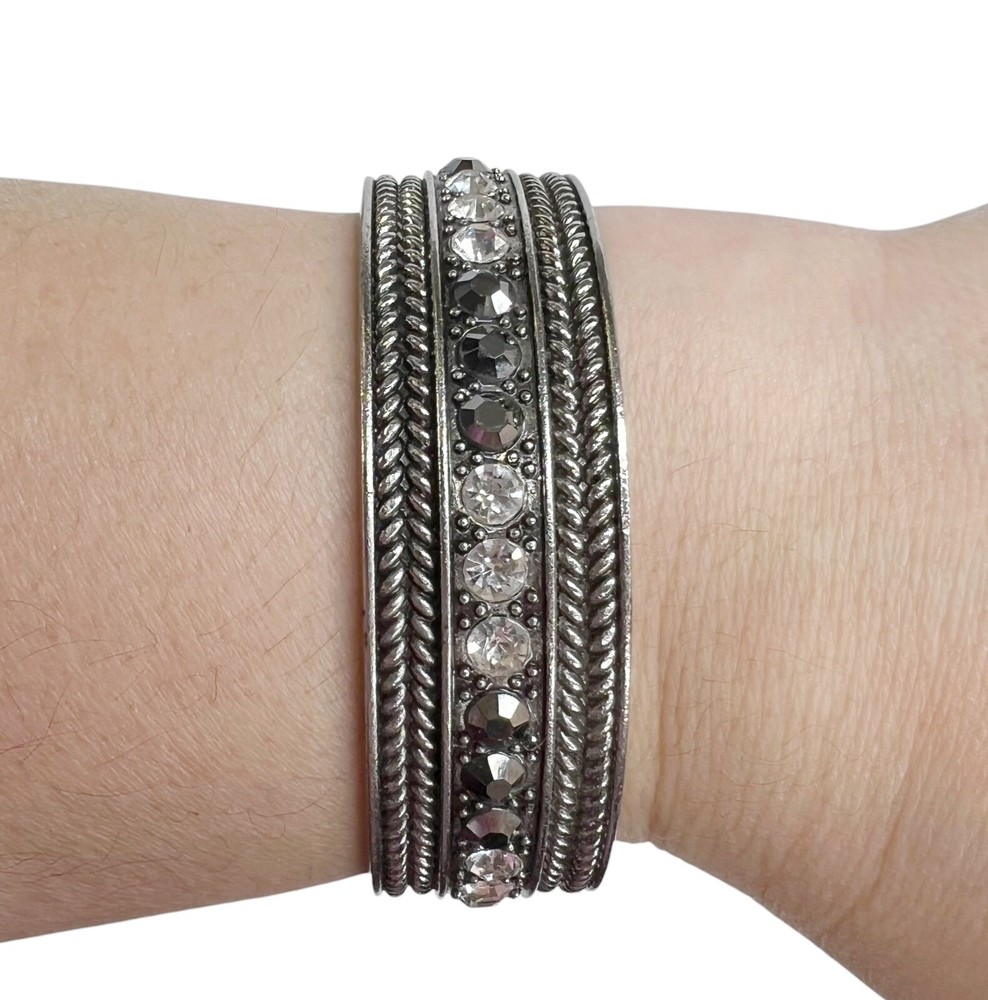 Silver Tone Clear & Gray Round Rhinestone Rope Cuff Bangle Bracelet Boho Rocker