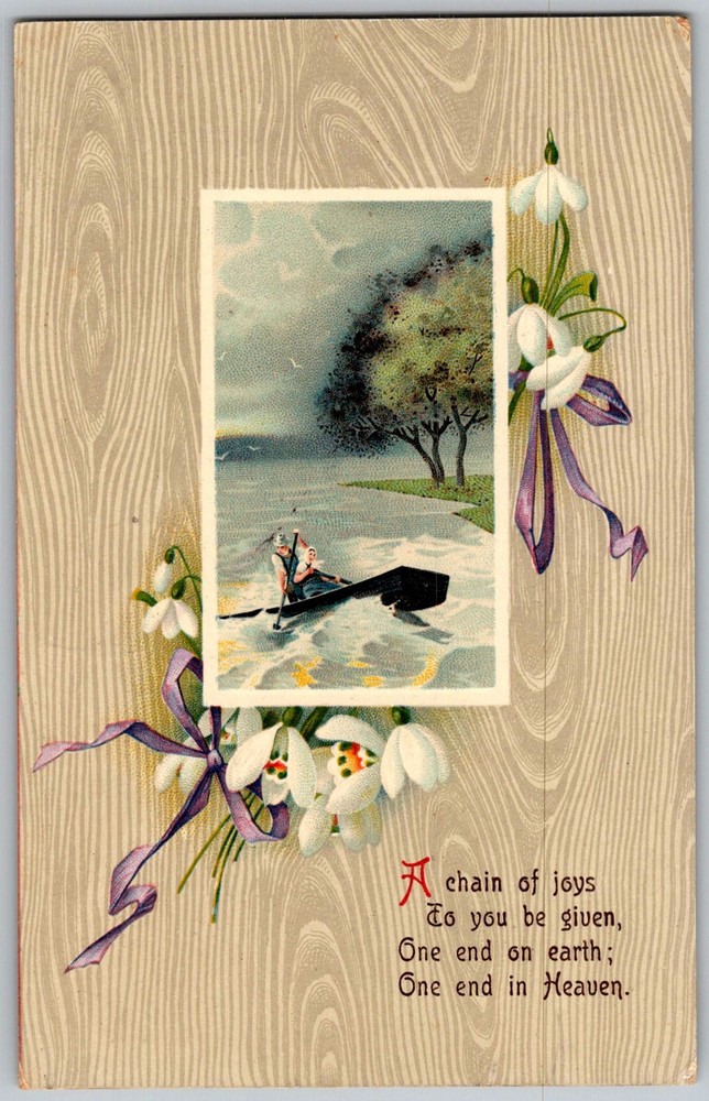 Antique Postcard Snowdrops Rowboat Seascape Spokane, WA 1910s
