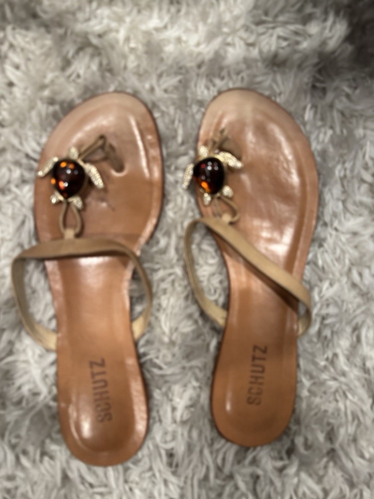 Schutz Leather Thong Sandals with Turtle Charm Brown Women's 9.5