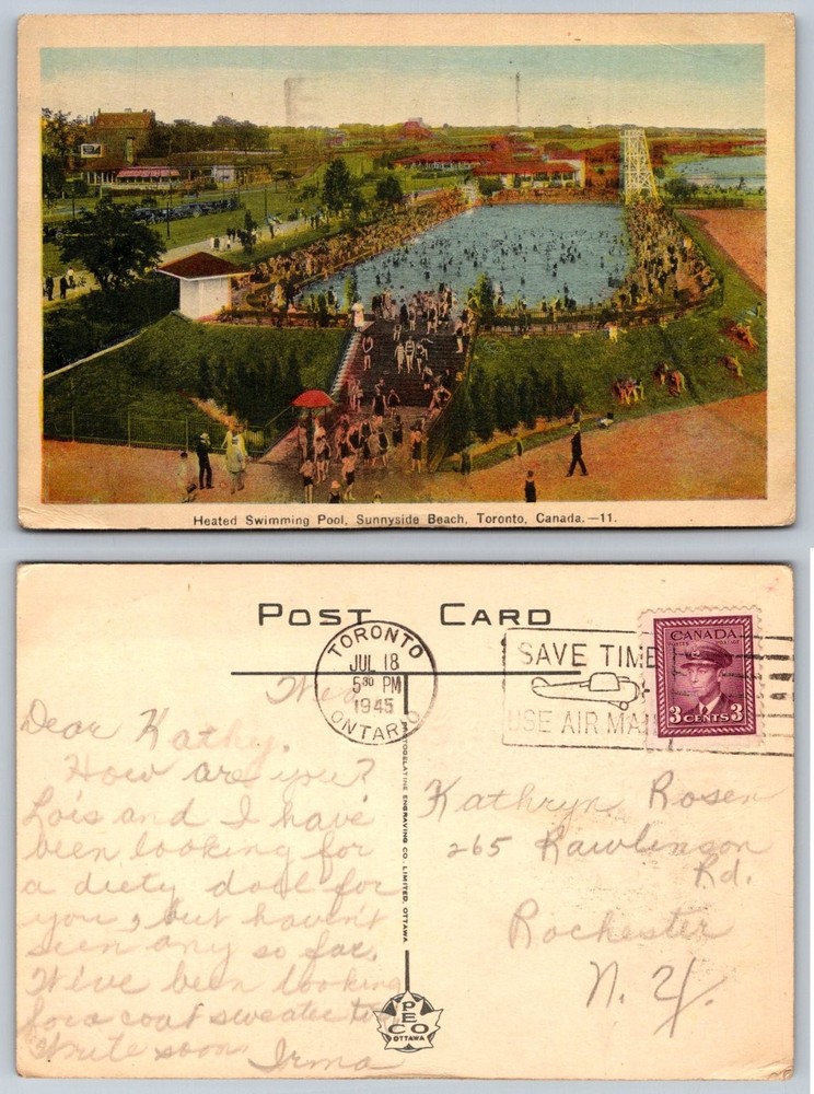 1945 Toronto Sunnyside Beach Heated Swimming Pool Postcard Canada
