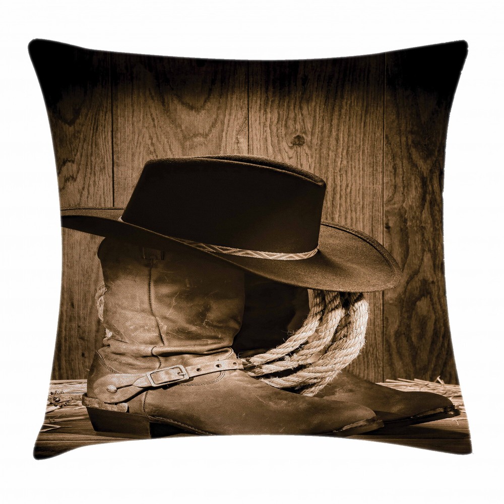 Western Cowboy Hat Wooden Square Pillow Cover 16 Inches