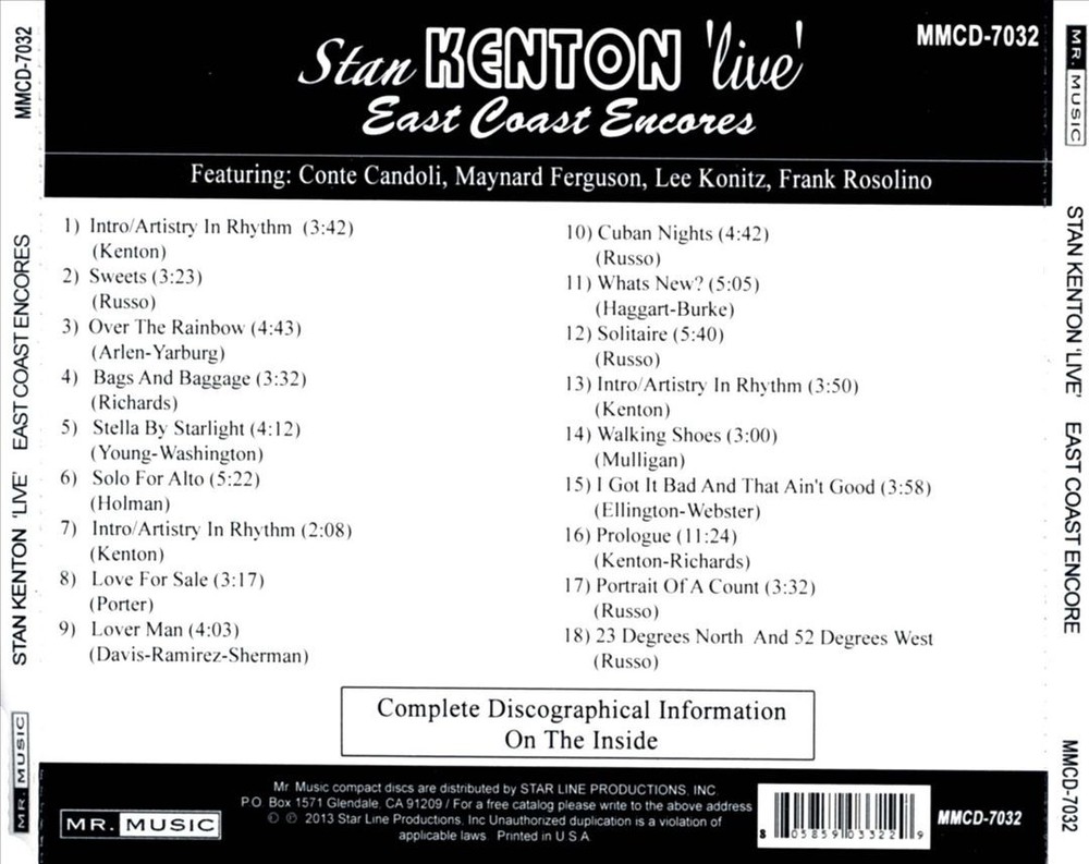 Stan Kenton Live: East Coast Encore New Cd