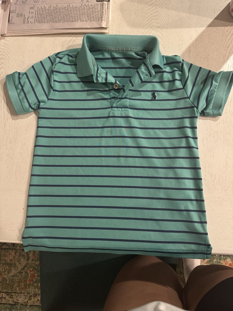 Polo Ralph Lauren Boys Green Navy Striped Performance Polo Shirt Logo