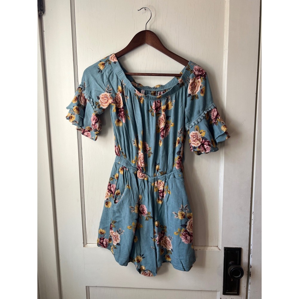 Xhilaration Off The Shoulder Floral Ruffle Sleeve Romper Blue Women's Size S