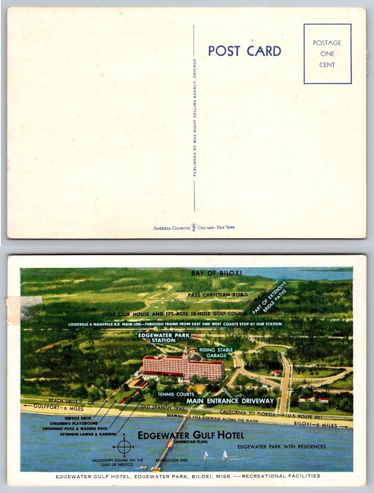 Edgewater Gulf Hotel Biloxi MS Map Postcard American Colortype Vintage