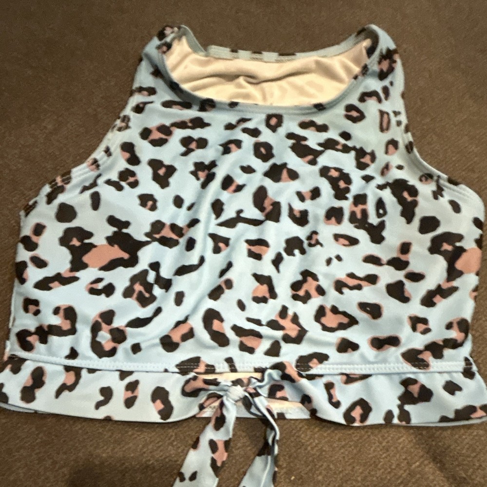 Women’s Blue Leopard Print Pullover, swimsuit Crop Top, Size M
