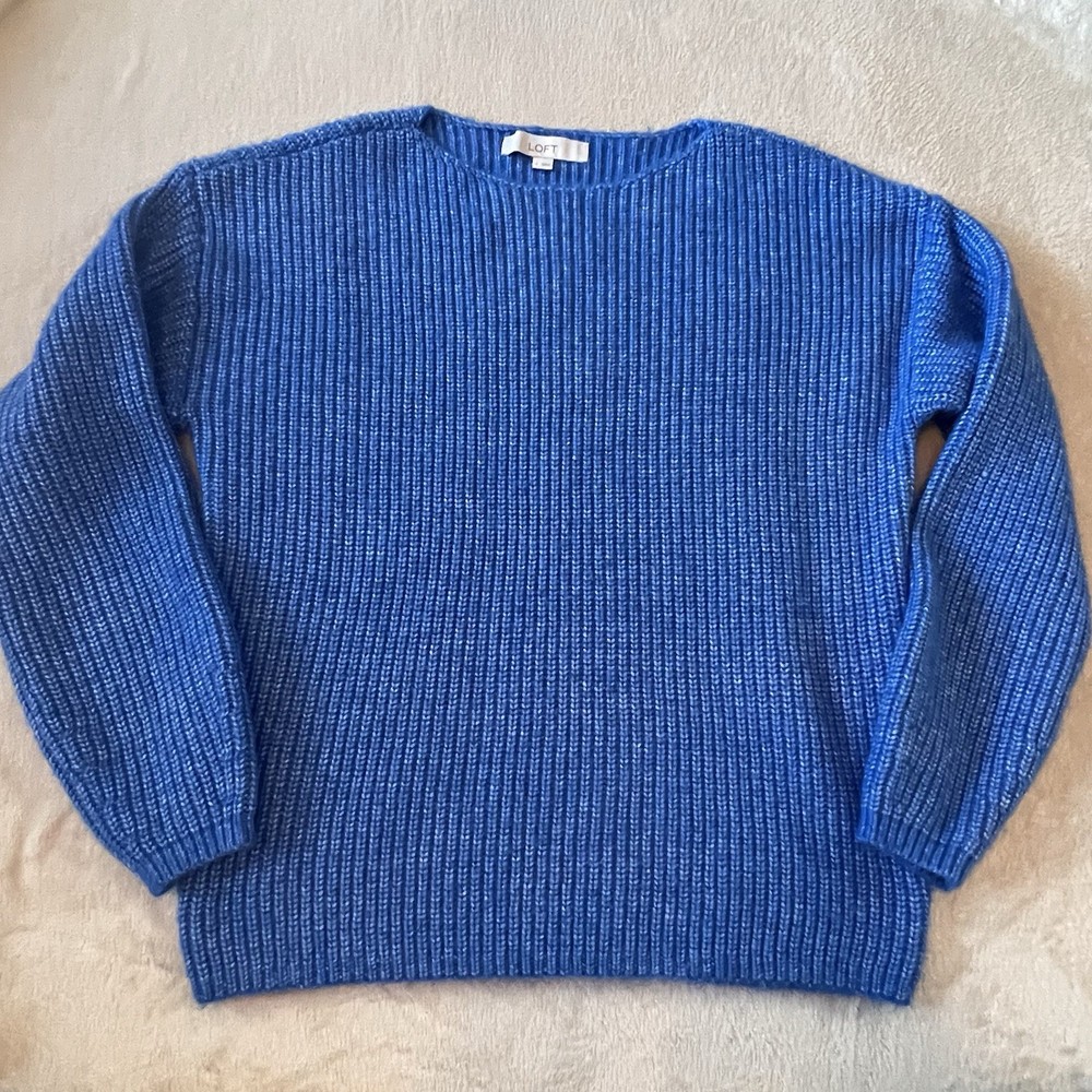 LOFT Blue Ribbed Knit Sweater Womens S Long Sleeve Crewneck Pullover