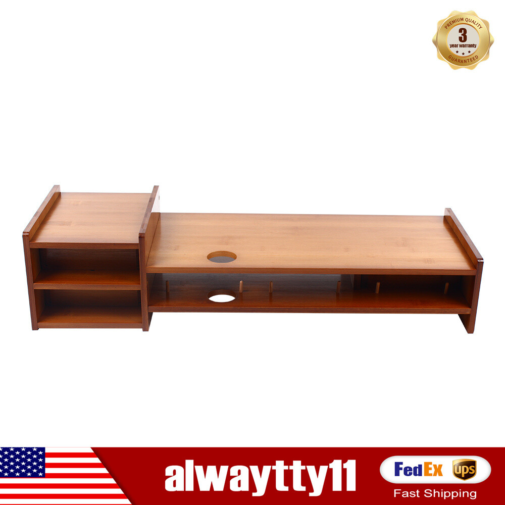 Sturdy Bamboo Wood Monitor Stand Riser w/ Drawer - Desk Storage Organizer