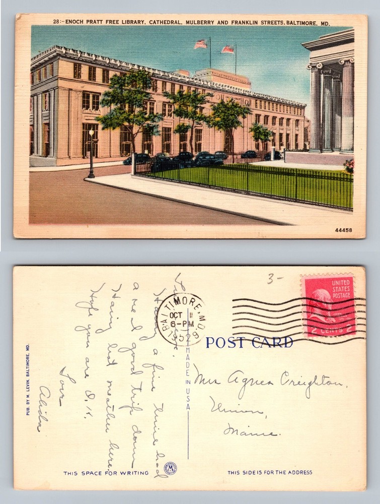 Baltimore, MD-Maryland, Enoch Pratt Library Mulberry PC c1951 Vintage Postcard