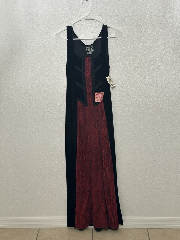 Vintage 90s Velvet Black Red Steampunk Gothic Maxi Dress by CYKXTEES Size Medium 1222