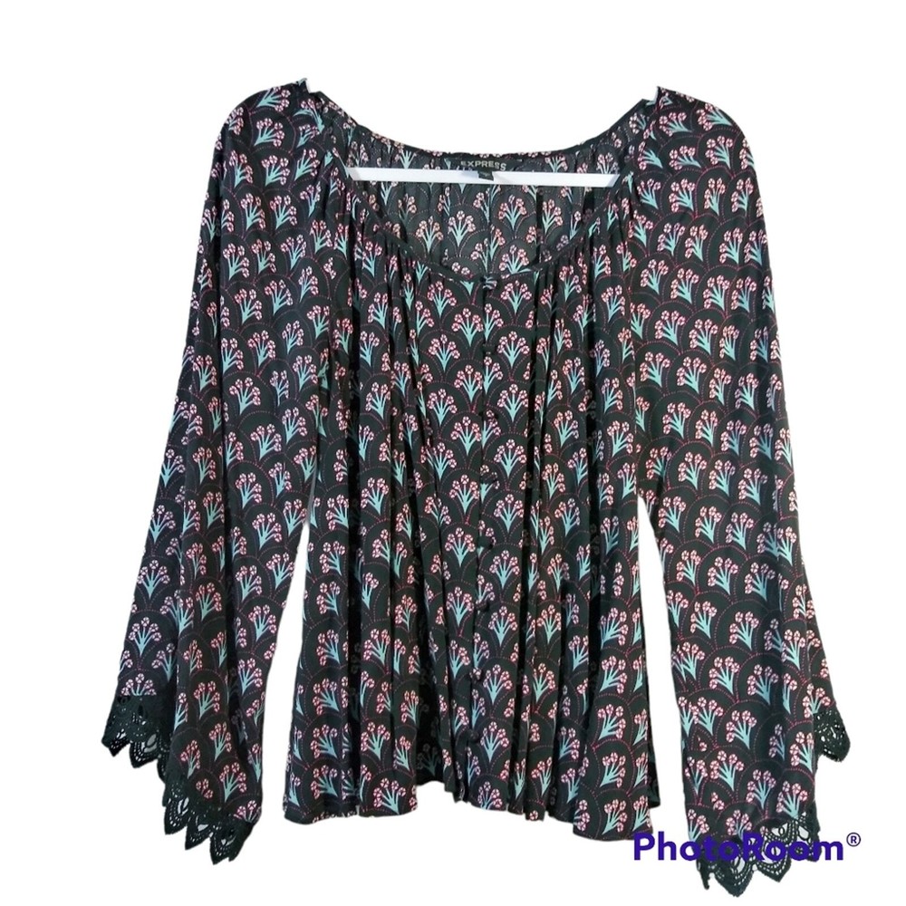 Express Black Floral Blouse Button Front Size Small