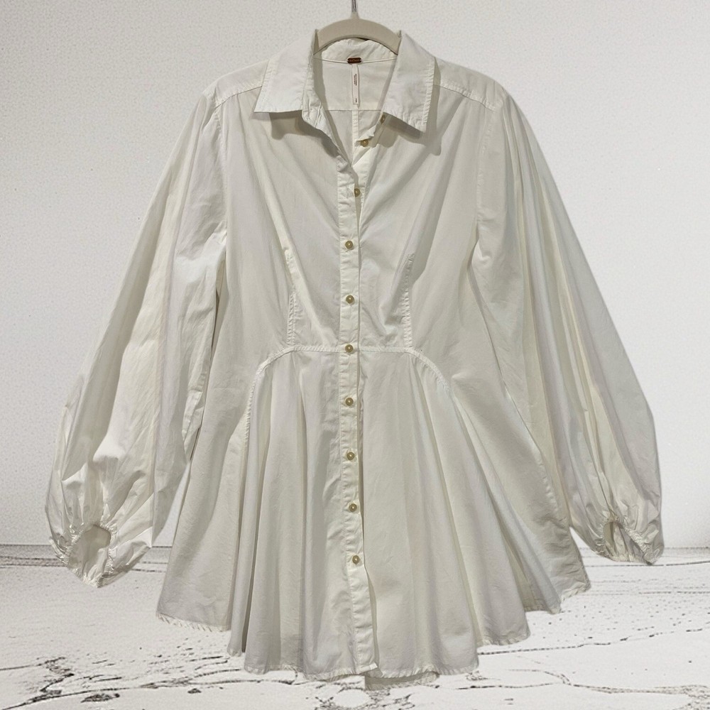 Free People Button Front Peplum Tunic Top Women’s Size Small Classic White Flaw