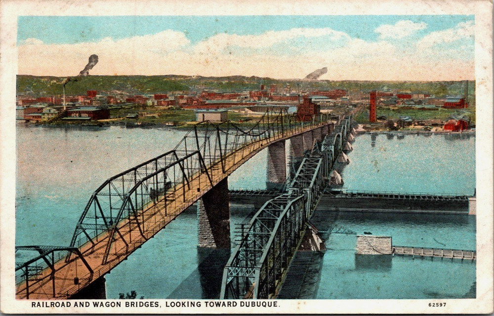 Railroad And Wagon Bridges Looking Toward Dubuque Iowa Postcard