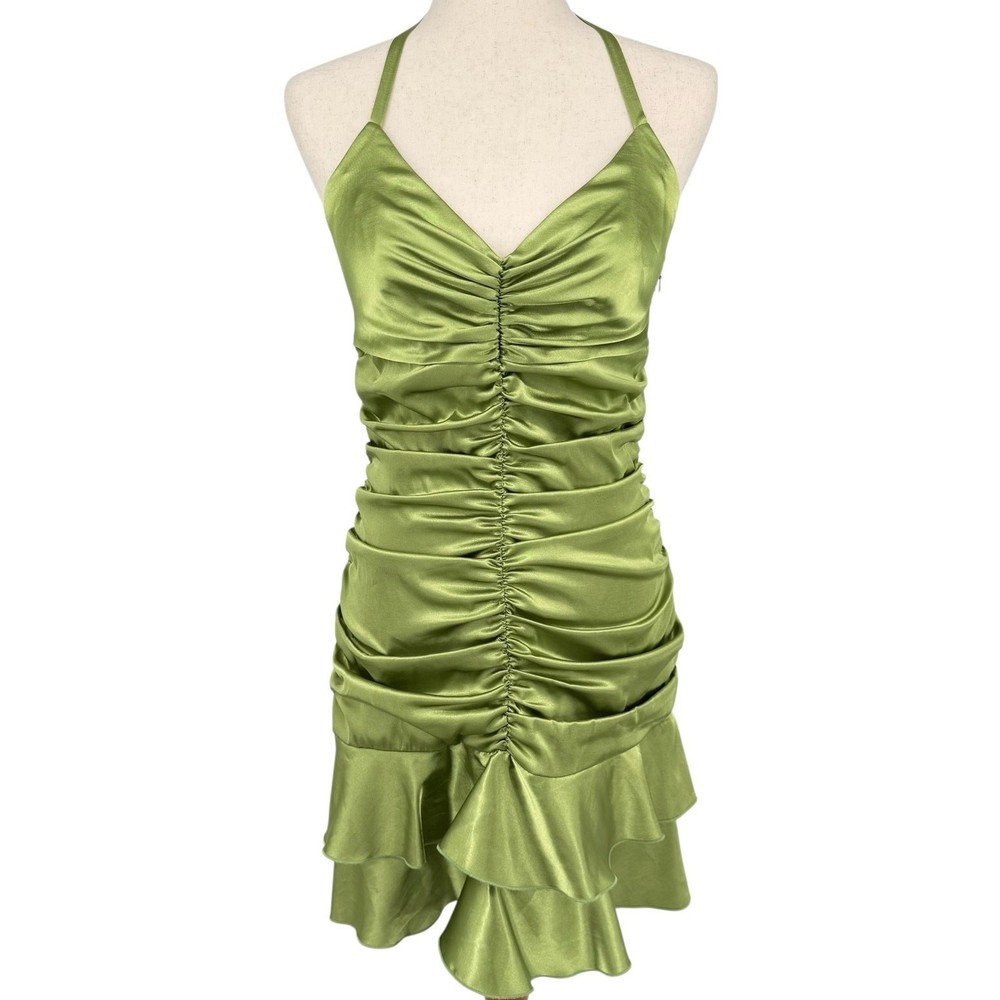 Vintage y2k Women's Green Satin Ruched Jessica McClintock Halter Mini Dress Sz 8
