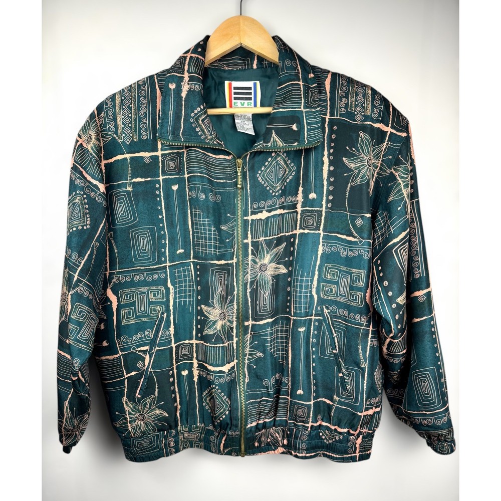 Vintage EVR 90s 100% Silk Abstract Floral Graphic Bomber Track Jacket Women Med-image