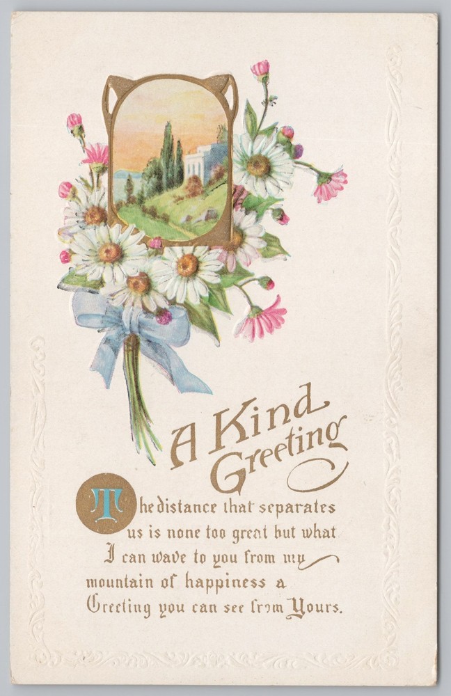 Greetings~Daisies & Blue Ribbon & Kind Greeting Poem~Vintage Postcard