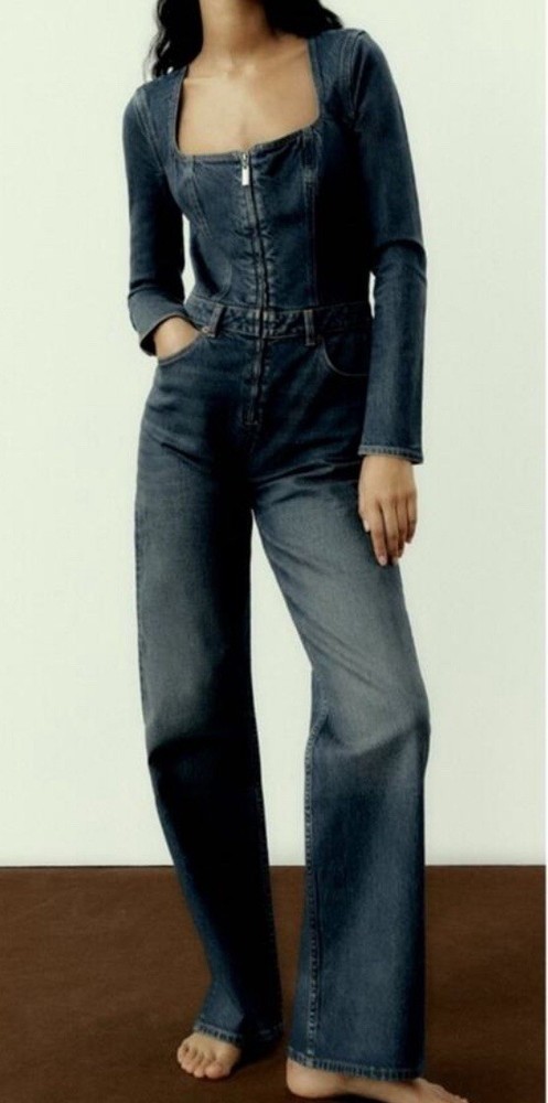 Zara Women's Blue Denim Jumpsuit Long Sleeve Size Large W/ Square Neckline
