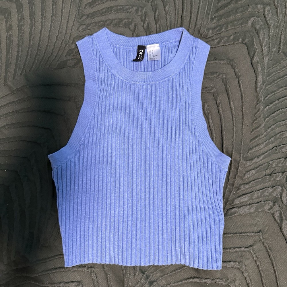 H&M Blue Ribbed Knit Crew Neck Sleeveless Cropped Tank Top, S