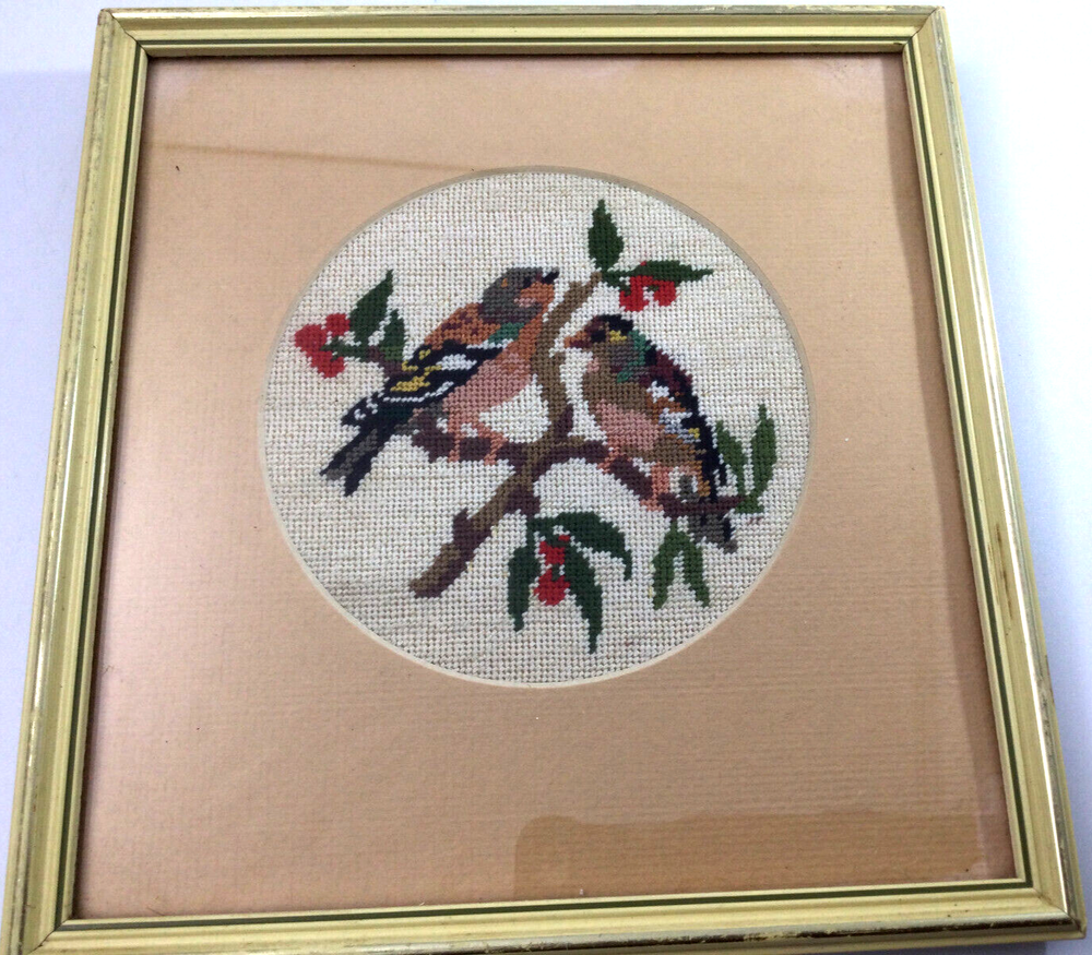 Vintage Needlepoint Picture Framed Birds on Branch with Cherries 7 Inch