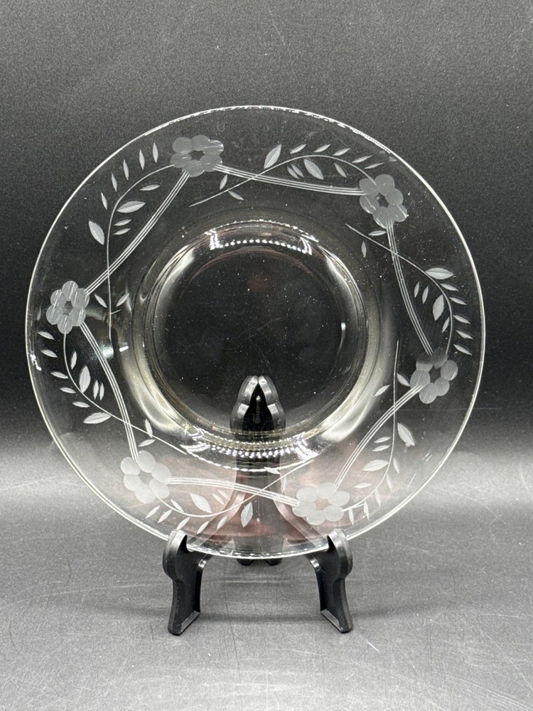 Antique Etched Glass Salad Plate With Floral & Leaf Design Clear Finish 8-Inch D