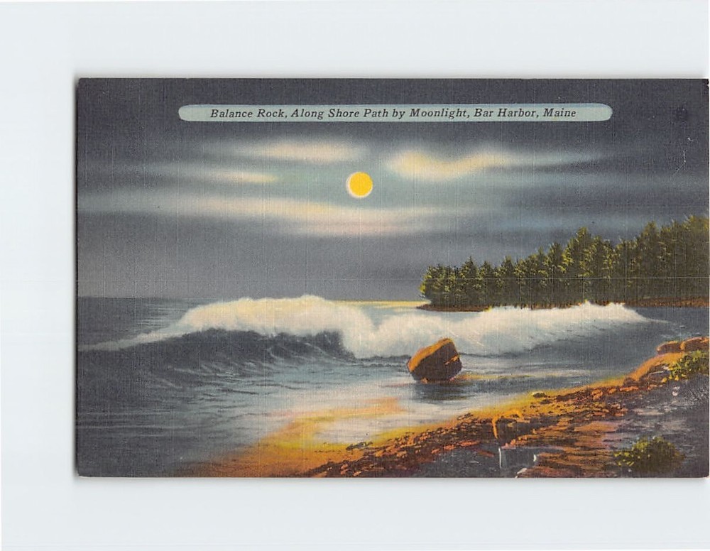 Postcard Balance Rock Along Shore Path by Moonlight Bar Harbor Maine USA