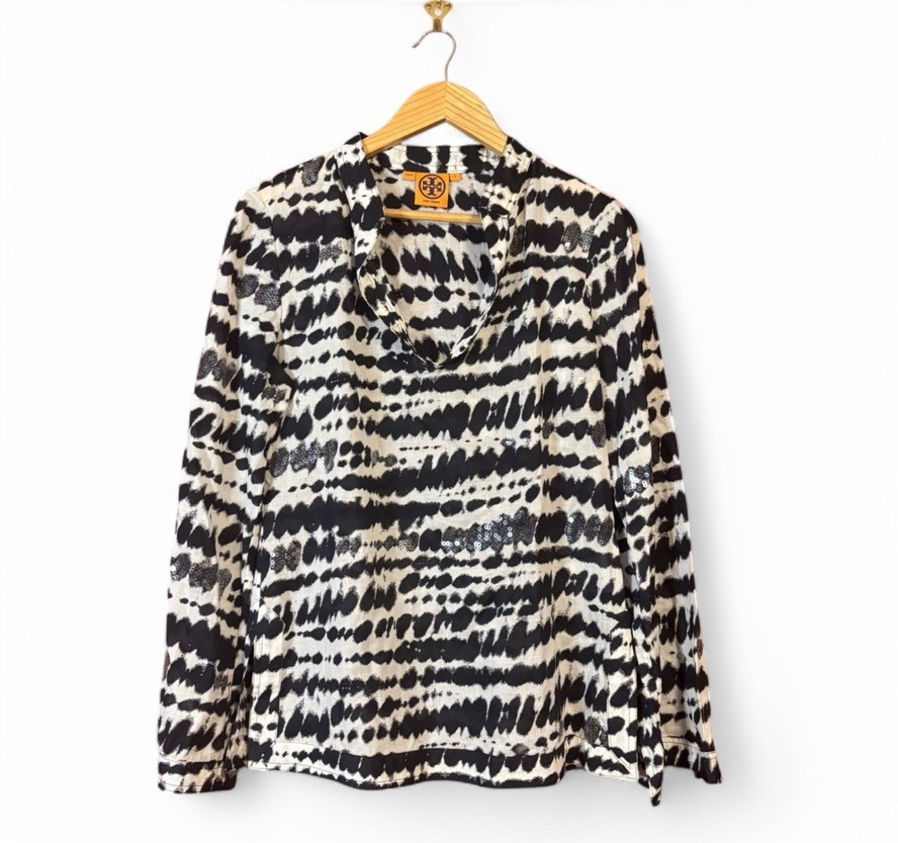 Tory Burch Women’s Size 8 Tunic Top Black White Sequin Print Blouse Cotton