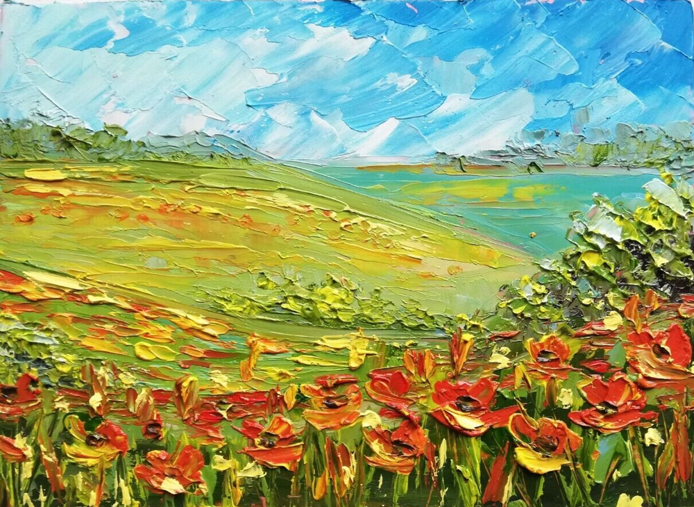 Abstract Landscape Oil Painting. Poppy Field And Forest Painting. Without frame.13х18 cm-image