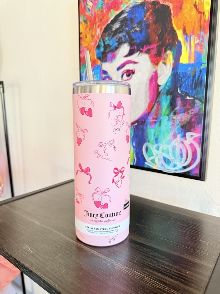 Juicy Couture 24oz Pink Stainless Steel Tumbler Coquette Bow & cherry heart