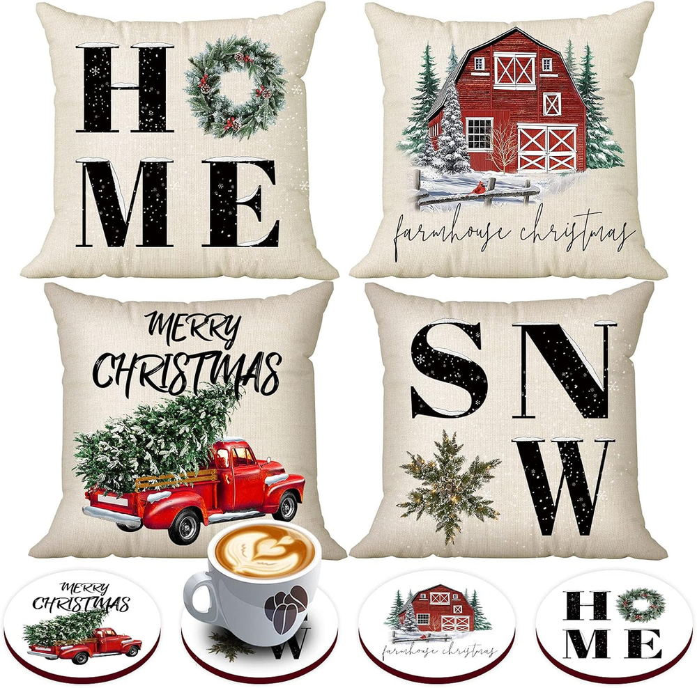 Rustic Christmas Pillow Covers with 4 Bonus Coasters, Classic Buffalo Plaid Snow