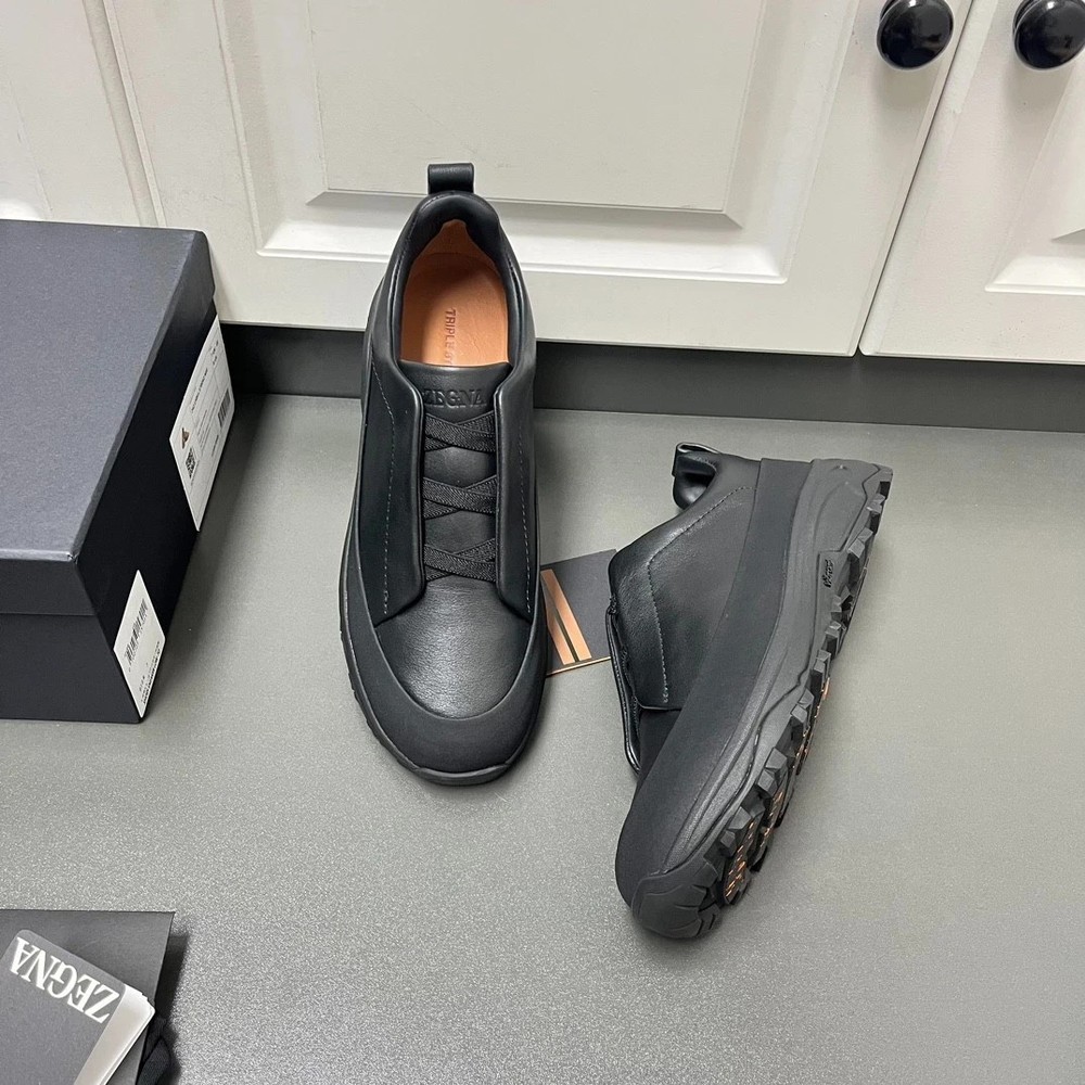 Zegna Triple Stitch Vetta Black and Suede Sneakers Designer Shoes Size 42