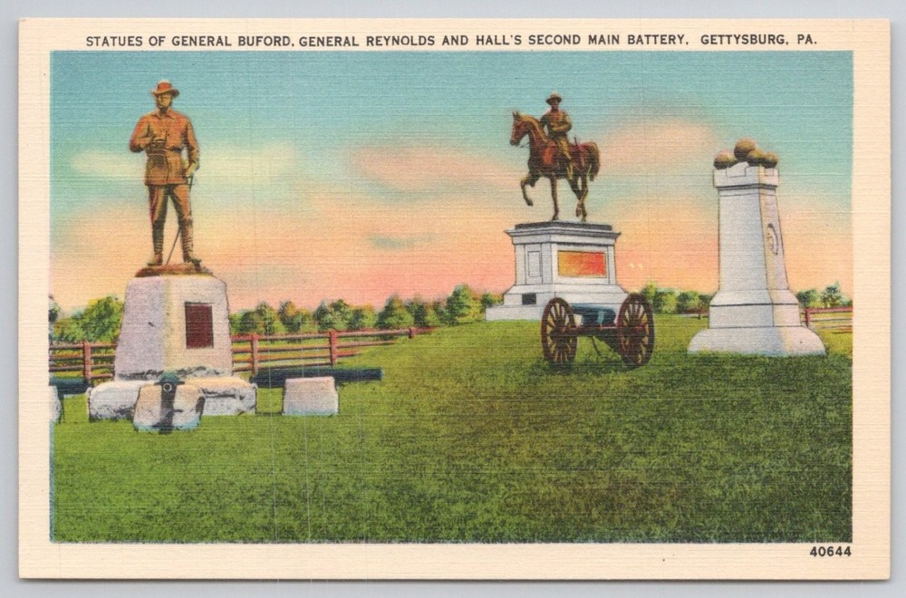 Gettysburg PA Civil War Statues Gen Buford Reynolds Hall's Battery Postcard