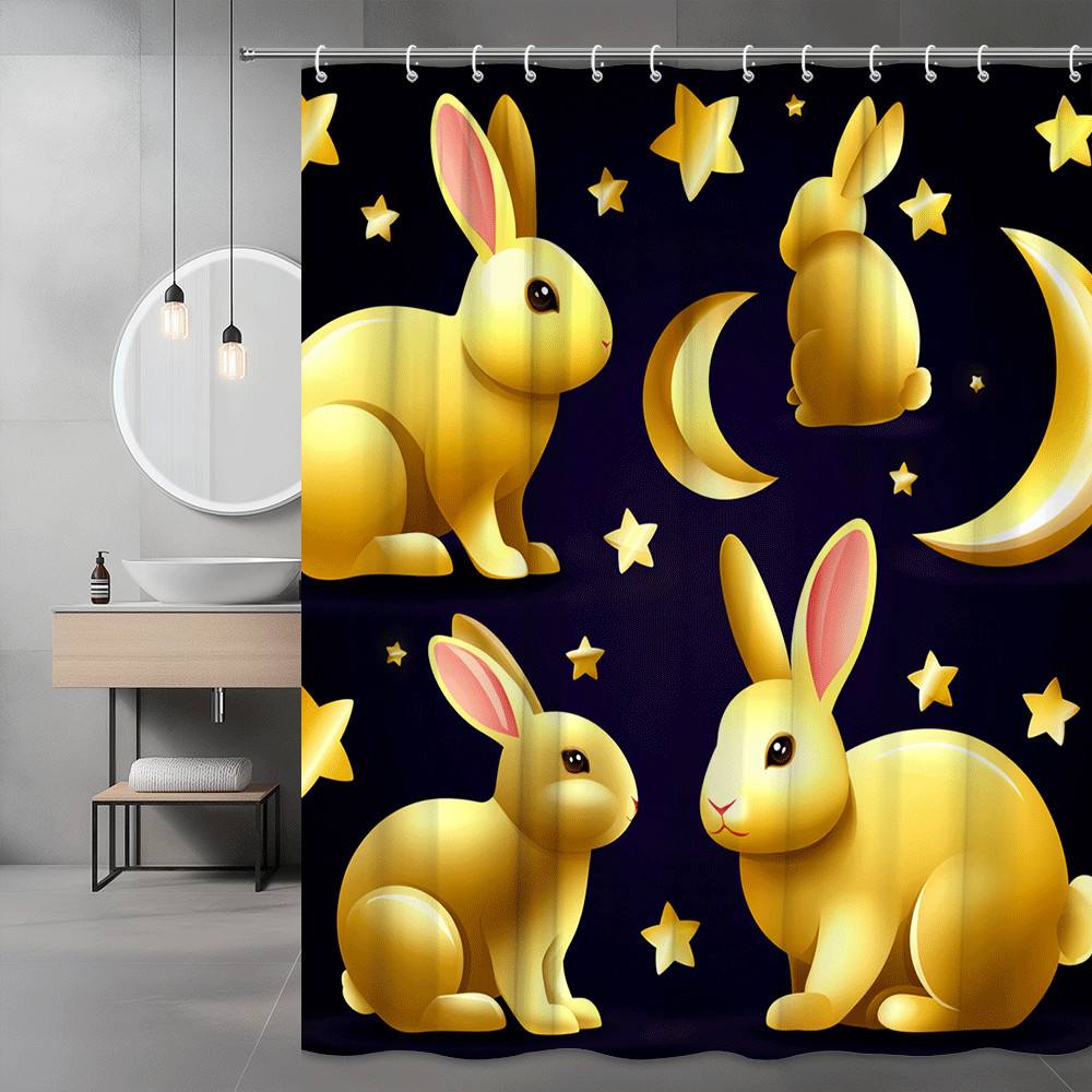 Bunny and Moon Stars Shower Curtain, Cute Rabbit Print