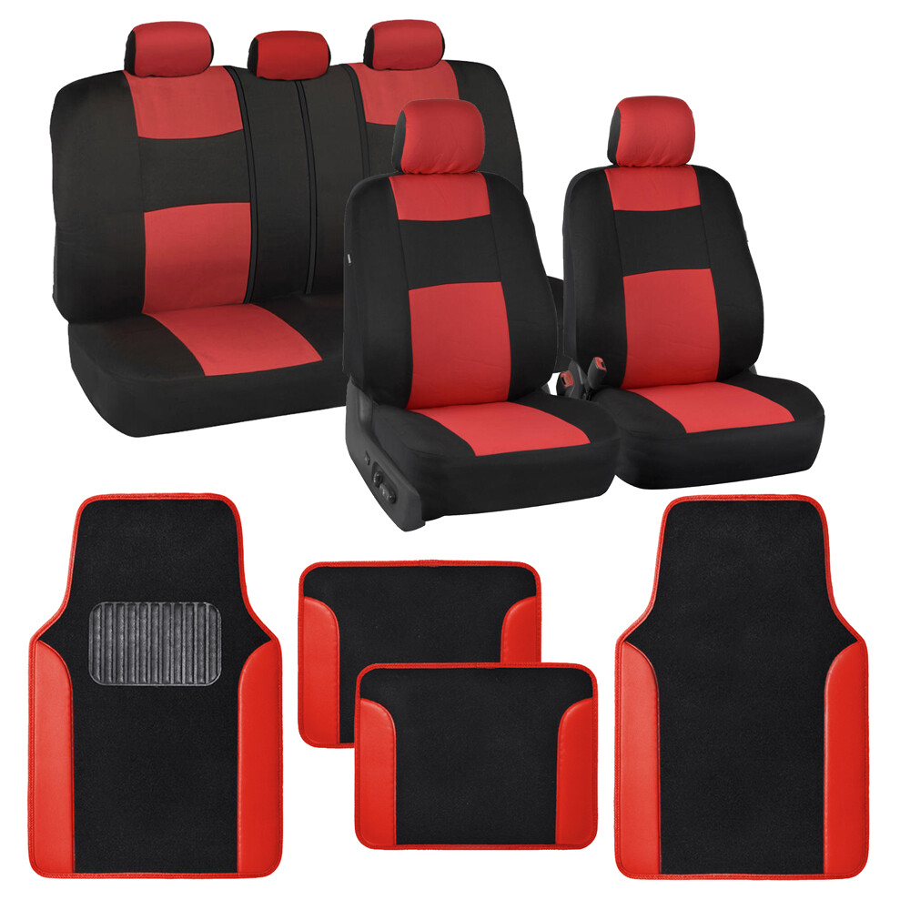 Full Set Black and Red Car Seat Covers + Anti Slip Universal Carpet Floor Mats