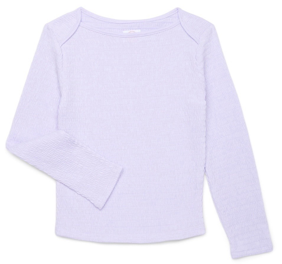 Girls Purple Solid Textured Knit Long Sleeve Pullover Round Neck T-Shirt